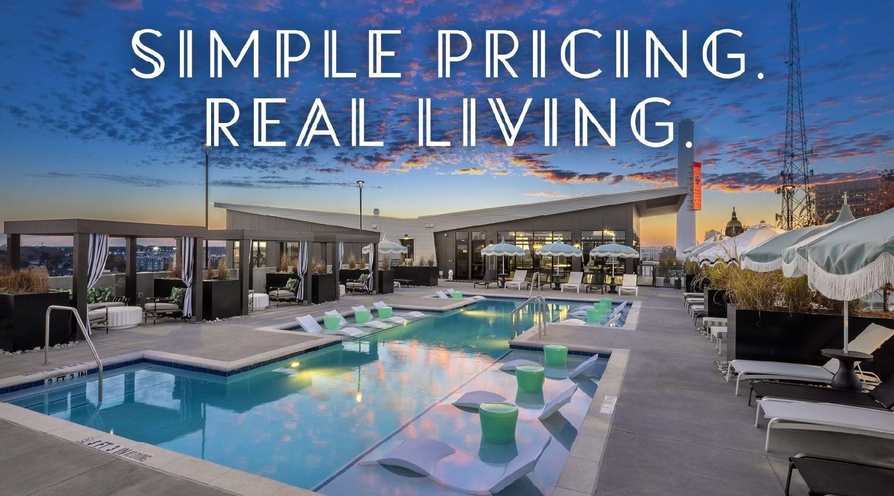 'Simple Pricing. Real Living.' Graphic for Broadstone 2Thirty Apartments in Atlanta, GA, featuring a pool with lounge chairs.